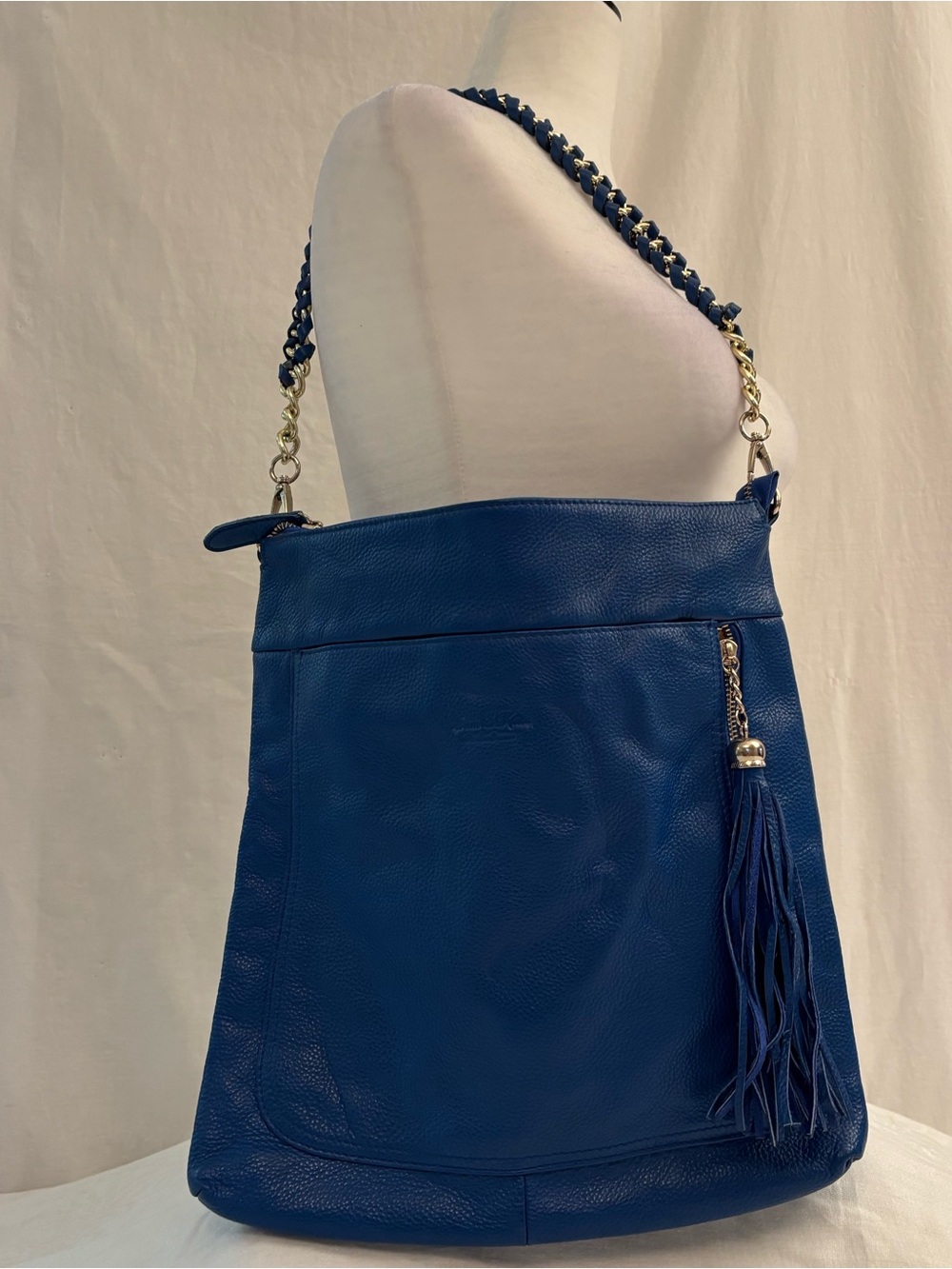 Blue Pebbled Leather Tassel Shoulder Bag Woven Chain Boho Slouchy Purse